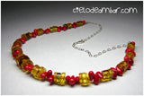 Juego Collar - Aretes de ámbar con coral rojo (Mod. 07014)