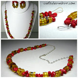 Juego Collar - Aretes de ámbar con coral rojo (Mod. 07014)